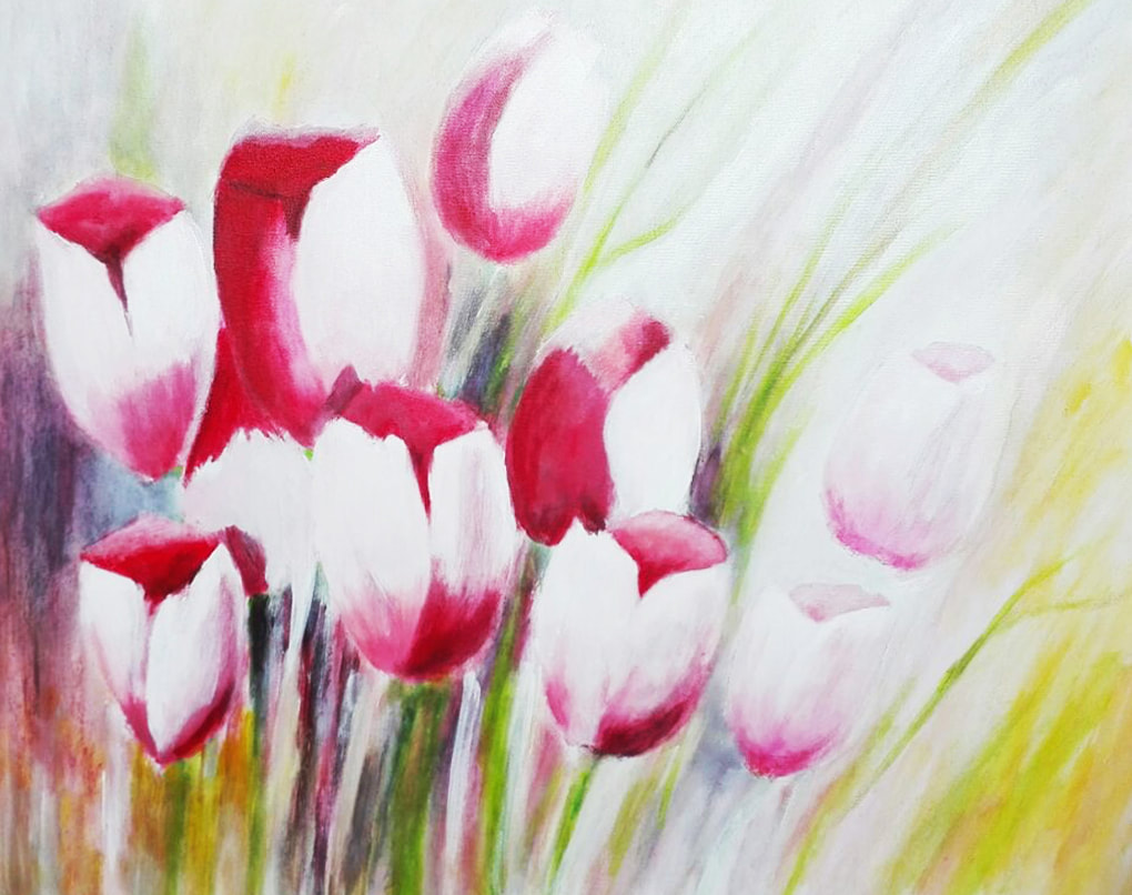 JJ Tan acrylic on canvas floral painting with bold petals against a deep blue ground