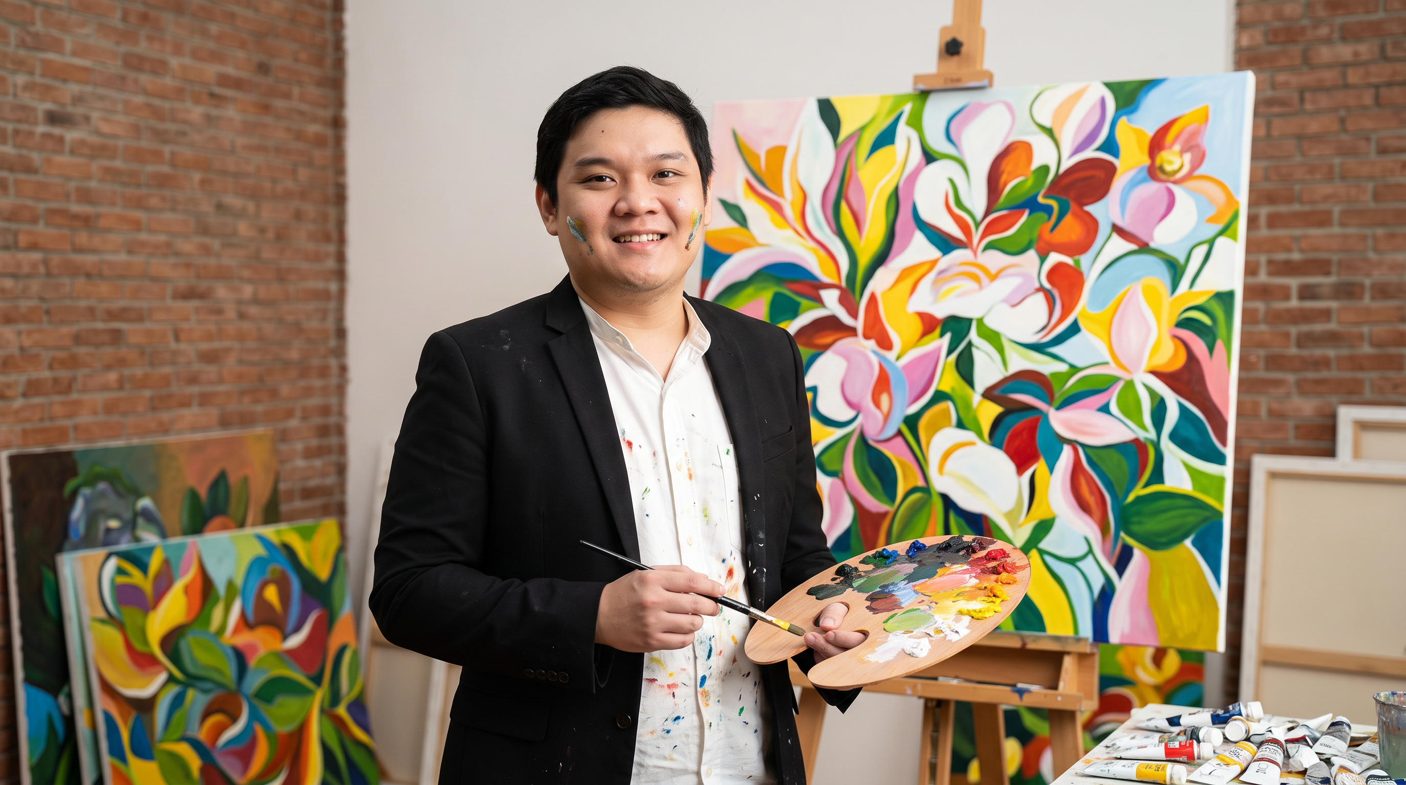 JJ Tan holding a palette and paintbrush in his studio